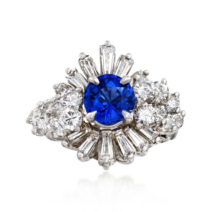 C. 1970 Vintage 1.00 Carat Sapphire and 2.00 ct. t.w. Diamond Cluster Ring in Platinum