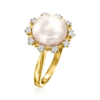 10.5-11mm Cultured Pearl and .25 ct. t.w. Diamond Flower Ring in 18kt Gold Over Sterling