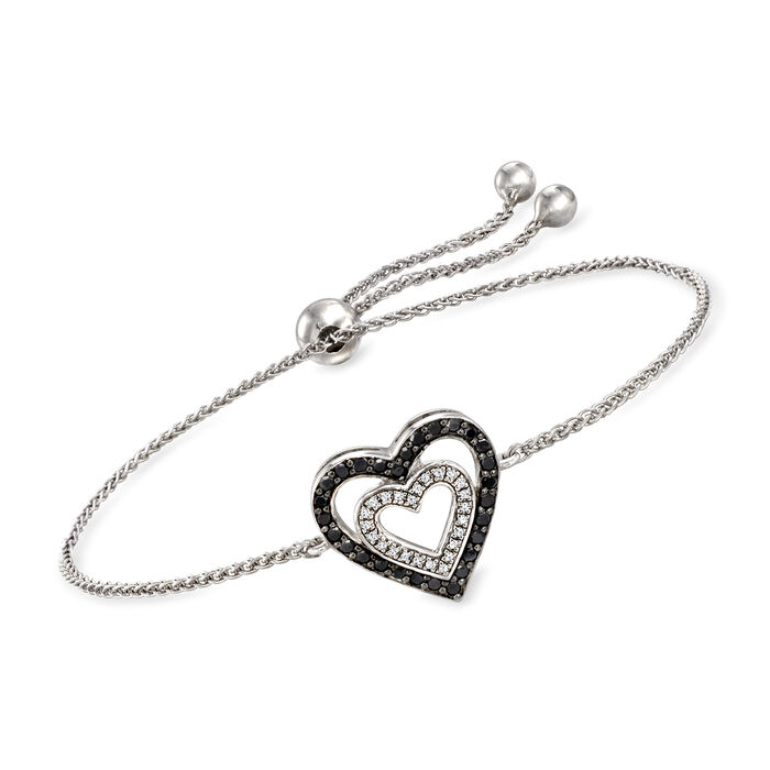 .32 ct. t.w. Black and White Diamond Double-Heart Bolo Bracelet in Sterling Silver