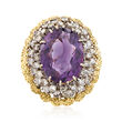 C. 1970 Vintage 15.75 Carat Amethyst and 2.00 ct. t.w. Diamond Cocktail Ring in 14kt Yellow Gold