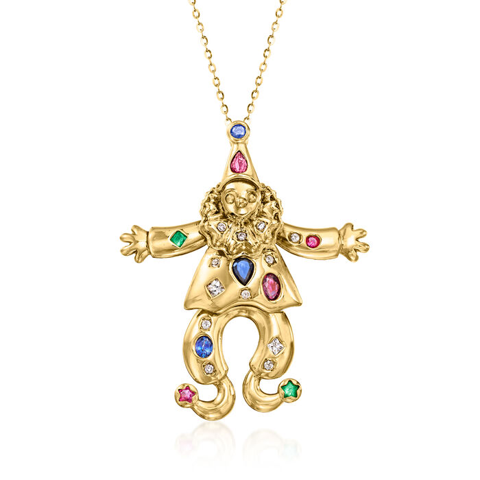 C. 1980 Vintage 2.50 ct. t.w. Multi-Gemstone and .16 ct. t.w. Diamond Clown Pendant Necklace in 18kt Yellow Gold