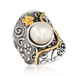 9.5-10mm Cultured Pearl Floral Ring in Sterling Silver with 14kt Yellow Gold