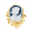 C. 1990 Vintage Black Agate and .12 ct. t.w. Diamond Cameo Pin/Pendant with Leaves in 18kt Yellow Gold