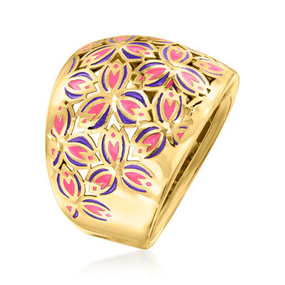 Italian Pink and Purple Enamel Dome Ring in 14kt Yellow Gold