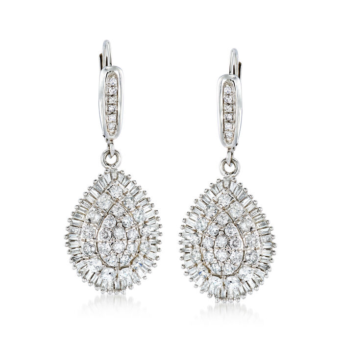 2.00 ct. t.w. Round and Baguette Diamond Teardrop Earrings in 14kt White Gold