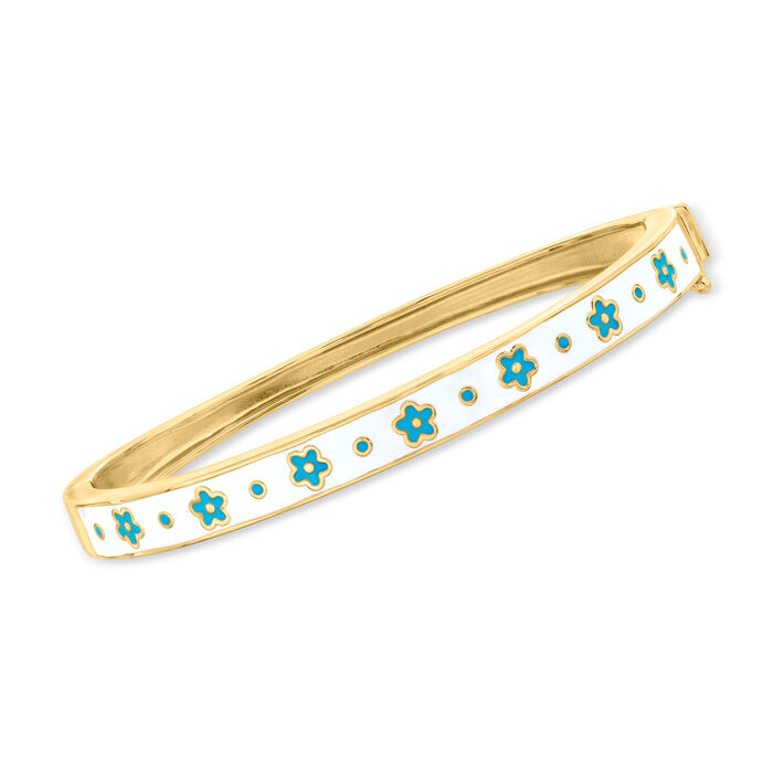 Blue and White Enamel Flower Bangle Bracelet in 18kt Gold Over Sterling