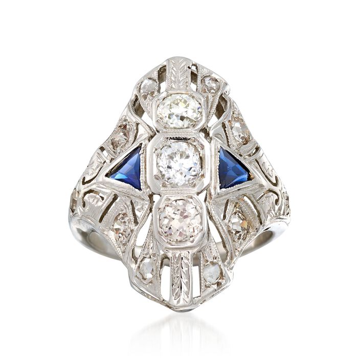 C. 1930 Vintage .60 ct. t.w. Diamond and .25 ct. t.w. Synthetic Sapphire Dinner Ring in 18kt White Gold