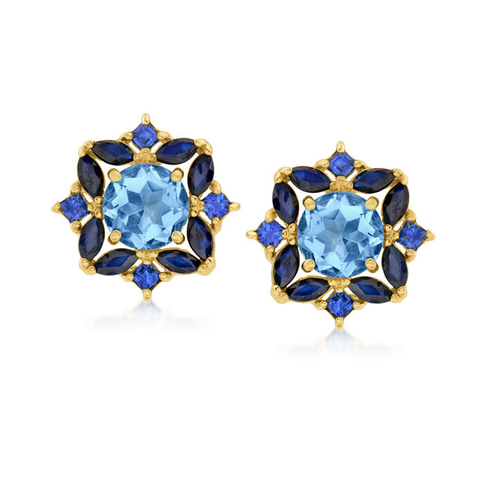 3.60 ct. t.w. Sky Blue Topaz and 5.00 ct. t.w. Sapphire Earrings in 18kt Gold Over Sterling