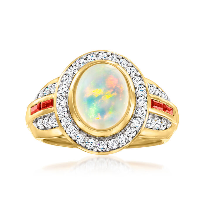Ethiopian Opal and .70 ct. t.w. White Zircon Halo Ring with .20 ct. t.w. Garnet in 18kt Gold Over Sterling
