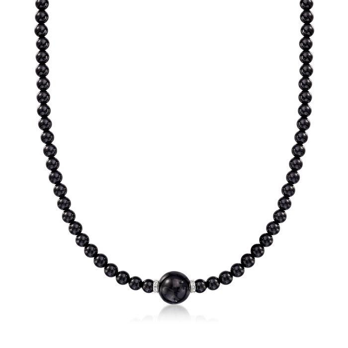 6-14mm Onyx Bead Necklace with .12 ct. t.w. Diamonds in Sterling Silver