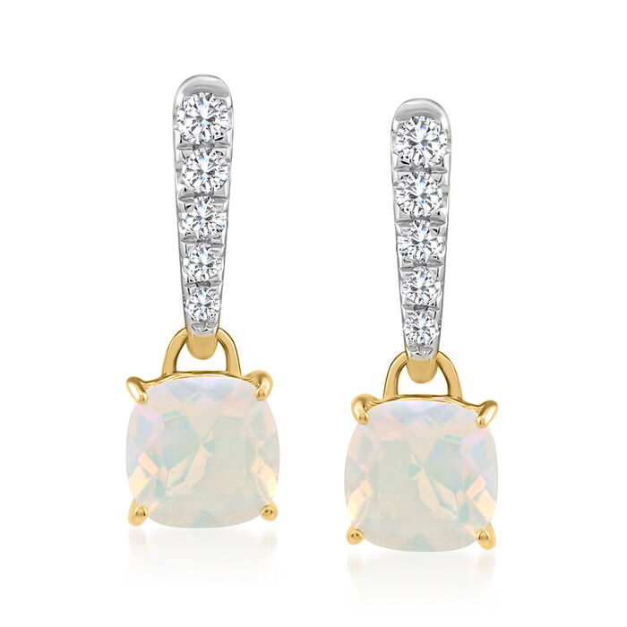 Ethiopian Opal and .10 ct. t.w. White Topaz Drop Earrings in 14kt Yellow Gold