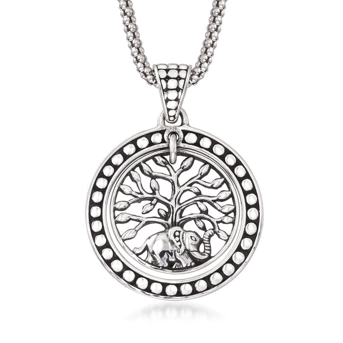 Sterling Silver Bali-Style Elephant and Tree of Life Pendant Necklace