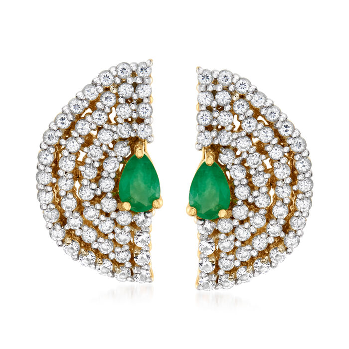 1.82 ct. t.w. White Zircon and .80 ct. t.w. Emerald Fan Stud Earrings in 18kt Gold Over Sterling