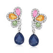 5.50 ct. t.w. Multicolored Sapphire and .62 ct. t.w. Diamond Drop Earrings in 14kt White Gold
