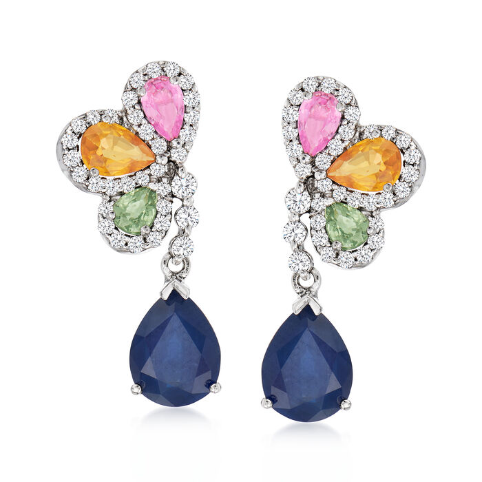 5.50 ct. t.w. Multicolored Sapphire and .62 ct. t.w. Diamond Drop Earrings in 14kt White Gold