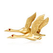 C. 1980 Vintage 14kt Yellow Gold Pair of Geese Pin with Ruby Accents