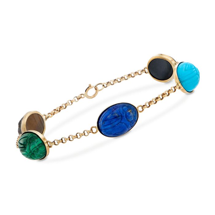 Carved Multi-Stone Scarab Station Bracelet in 14kt Yellow Gold