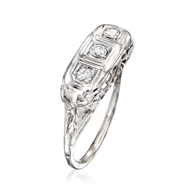 C. 1950 Vintage .18 ct. t.w. Diamond Three-Stone Filigree Ring in 18kt White Gold