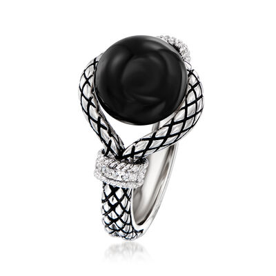 Andrea Candela &quot;Marbella&quot; Onyx Ring in Sterling Silver with Diamond Accents and Black Enamel
