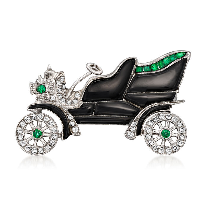 C. 1970 Vintage Onyx, .75 ct. t.w. Diamond and .29 ct. t.w. Emerald Car Pin in 14kt White Gold