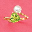 6-6.5mm Cultured Pearl and 1.50 Carat Heart-Shaped Peridot Bypass Ring in 14kt Gold