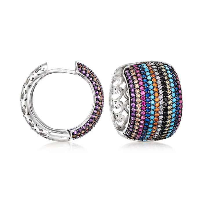 1.00 ct. t.w. Simulated Multi-Gemstone and .80 ct. t.w. Multicolored CZs Hoop Earrings in Sterling Silver