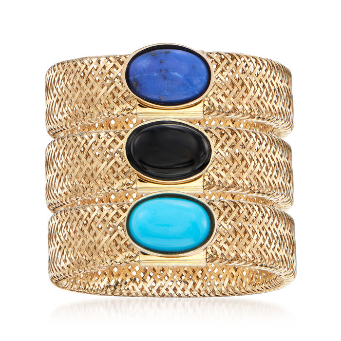 Italian Multi-Gemstone Jewelry Set: Three 14kt Yellow Gold Mesh Rings