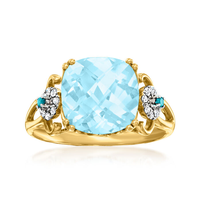 4.20 Carat Sky Blue Topaz and .10 ct. t.w. Blue and White Diamond Ring in 14kt Yellow Gold