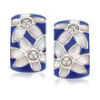 Belle Etoile &quot;Moonflower&quot; Blue Enamel and .10 ct. t.w. CZ Hoop Earrings in Sterling Silver
