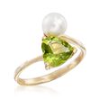 6-6.5mm Cultured Pearl and 1.50 Carat Heart-Shaped Peridot Bypass Ring in 14kt Gold
