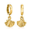 Italian 24kt Gold Over Sterling Ginkgo Leaf Huggie Hoop Drop Earrings