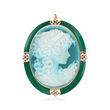 C. 1970 Vintage Blue Agate, Green Chalcedony and .19 ct. t.w. Diamond Cameo Pin/Pendant in 18kt Yellow Gold