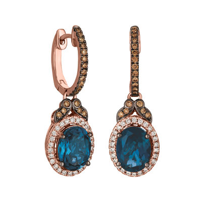 Le Vian &quot;Chocolatier&quot; 2.80 ct. t.w. Deep Sea Blue Topaz Drop Earrings with .38 ct. t.w. Chocolate and Vanilla Diamonds in 14kt Strawberry Gold