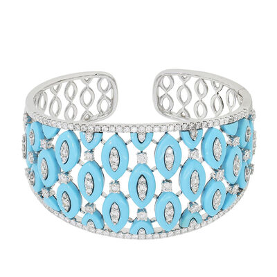 Simulated Turquoise and 4.75 ct. t.w. Diamond Wide Cuff Bracelet in 18kt White Gold