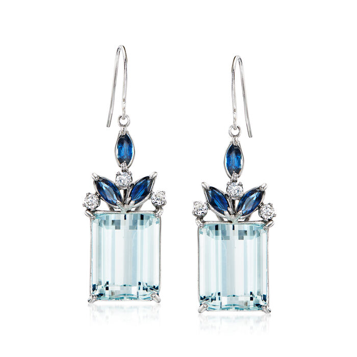 C. 1970 Vintage 22.00 ct. t.w. Aquamarine and 1.80 ct. t.w. Sapphire Drop Earrings with .35 ct. t.w. Diamonds in 14kt White Gold