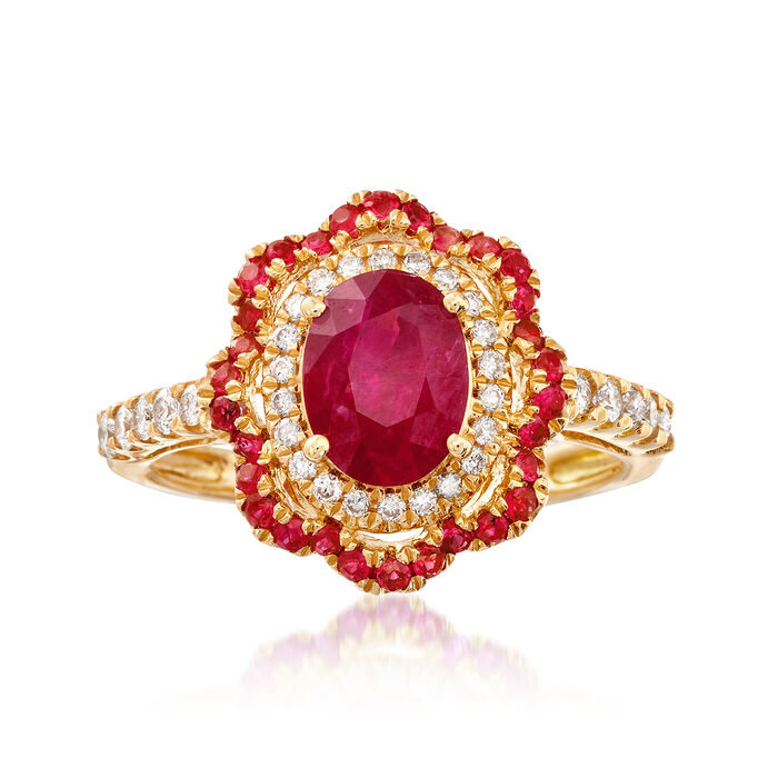 1.50 ct. t.w. Ruby and .30 ct. t.w. Diamond Floral Ring in 18kt Yellow Gold