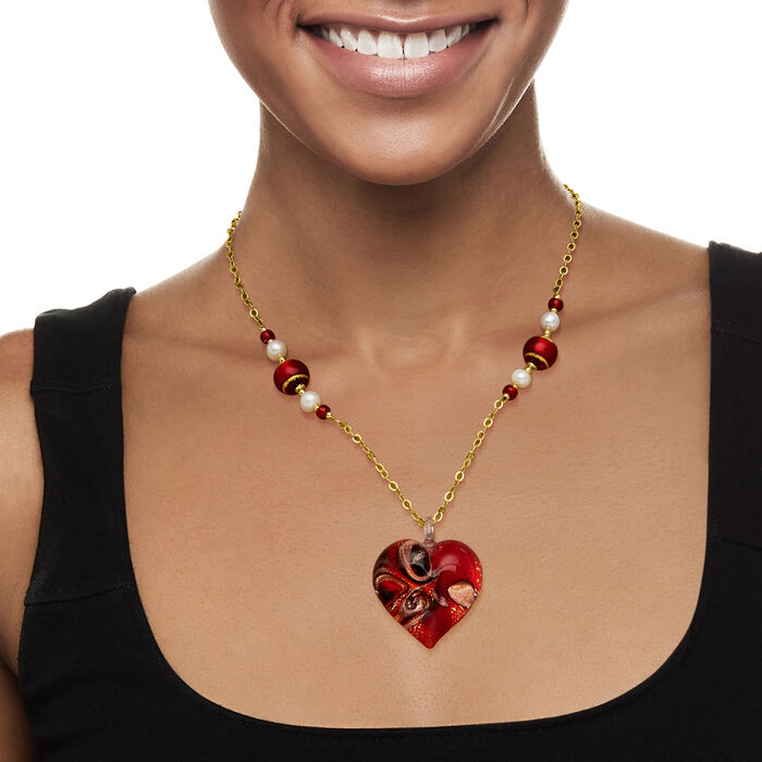 Italian Red Murano Glass Heart Necklace with 6-7mm Cultured Pearls in 18kt Gold Over Sterling 18-inch