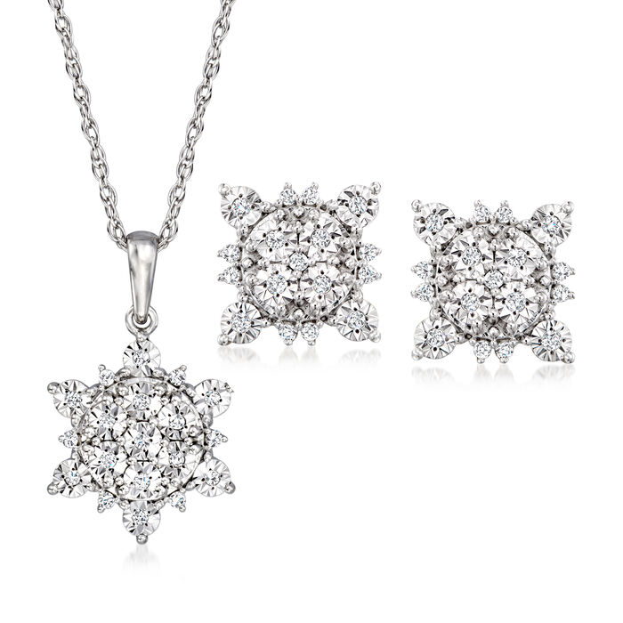 .20 ct. t.w. Diamond Snowflake Jewelry Set: Earrings and Pendant Necklace in Sterling Silver