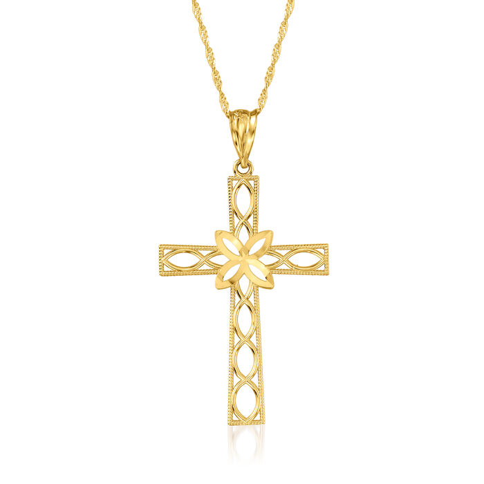 14kt Yellow Gold Diamond-Cut Openwork Cross Adjustable Pendant Necklace 