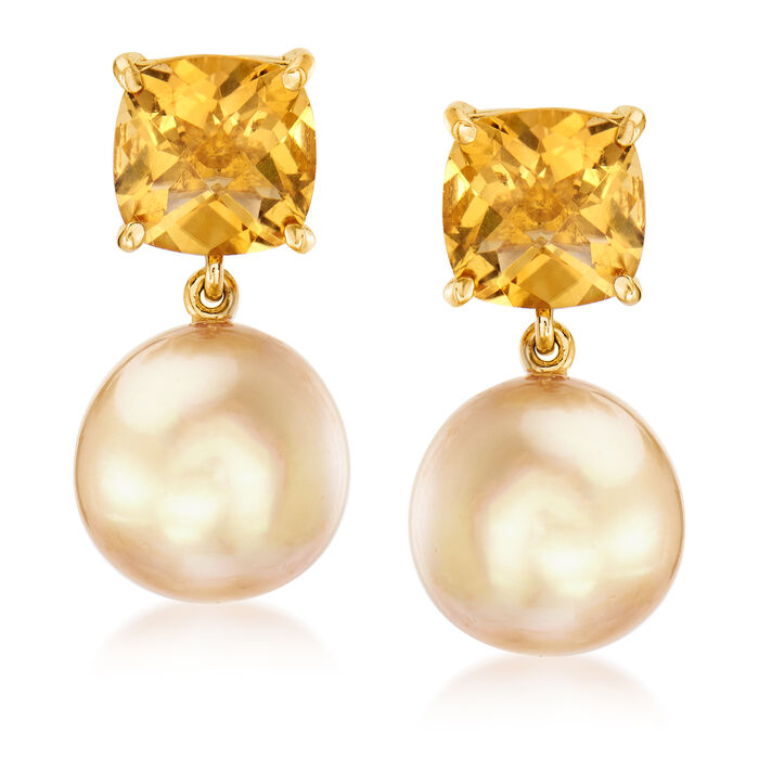 Cultured South Sea Pearl and 6.00 ct. t.w. Citrine Drop Earrings in 14kt Yellow Gold