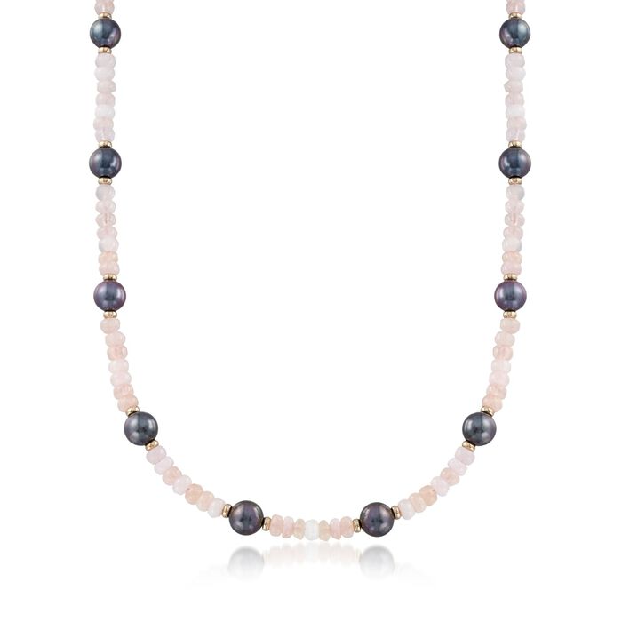 95.00 ct. t.w. Morganite Bead and 9.5-10.5mm Black Cultured Pearl Station Necklace with 14kt Gold