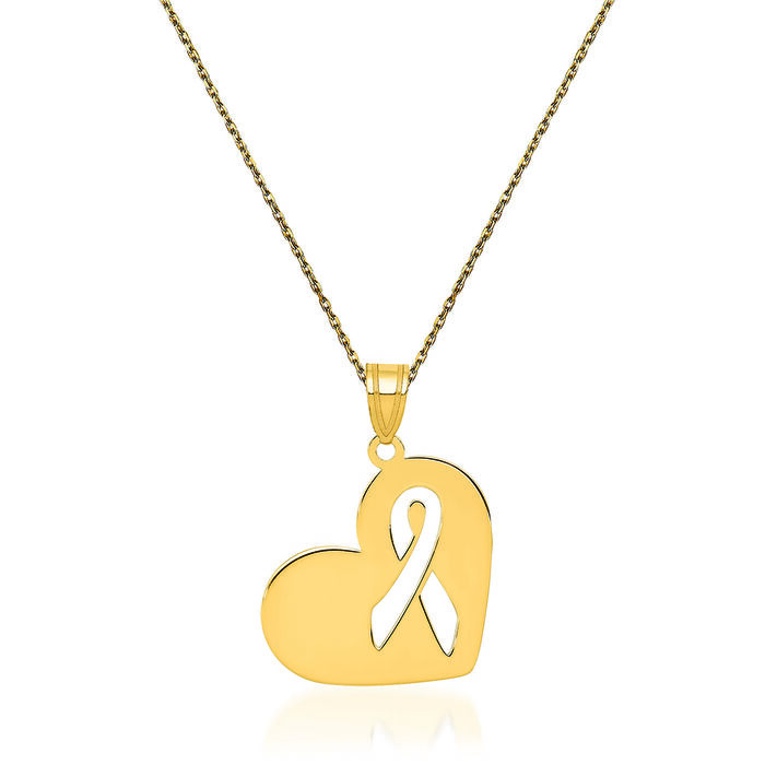 14kt Yellow Gold Breast Cancer Awareness Heart Charm Necklace. 18&quot;