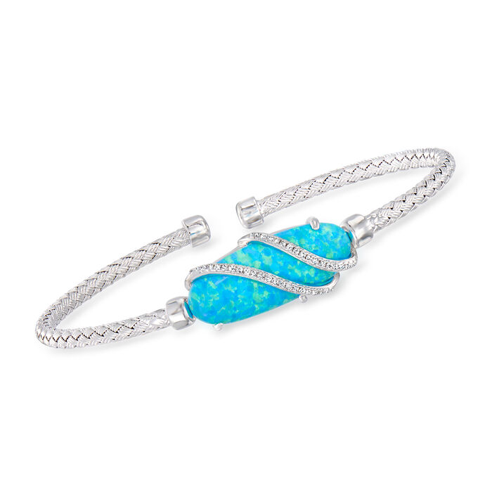 Charles Garnier Synthetic Blue Opal Cuff Bracelet with .20 ct. t.w. CZs in Sterling Silver