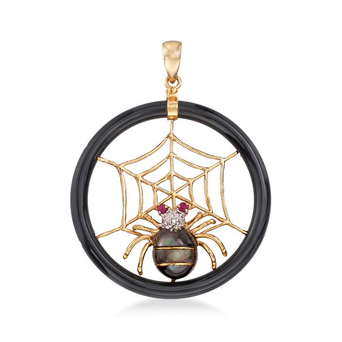 Black Mother-Of-Pearl Spider and Web Pendant with Ruby and Diamond Accents in 14kt Gold