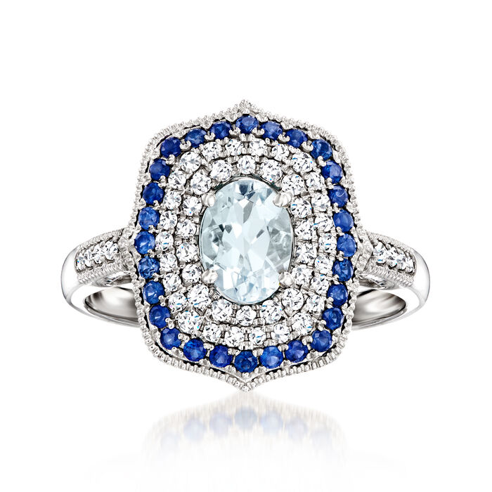 .70 Carat Aquamarine and .37 ct. t.w. Diamond Ring with .30 ct. t.w. Sapphires in 14kt White Gold