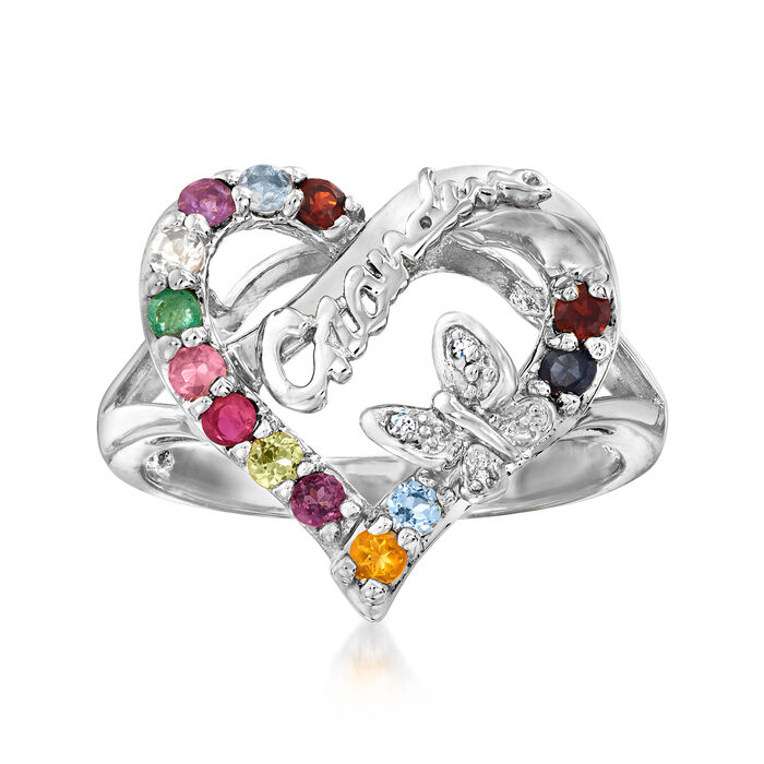 Personalized Birthstone Grandma Heart Ring in Sterling Silver