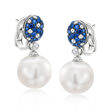 13mm Cultured South Sea Pearl Drop Earrings with 1.00 ct. t.w. Sapphires and .55 ct. t.w. Diamonds in 18kt White Gold