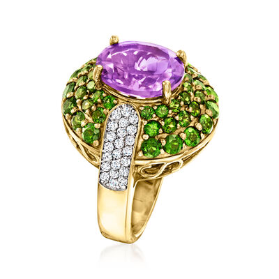 3.50 Carat Amethyst and 2.40 ct. t.w. Chrome Diopside Ring with .40 ct. t.w. White Zircons in 18kt Gold Over Sterling