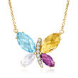 Moonstone and 4.20 ct. t.w. Multi-Gemstone Butterfly Necklace with .12 ct. t.w. Diamonds in 14kt Yellow Gold