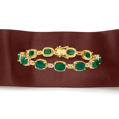 13.00 ct. t.w. Emerald and .21 ct. t.w. Diamond Bracelet in 18kt Gold Over Sterling